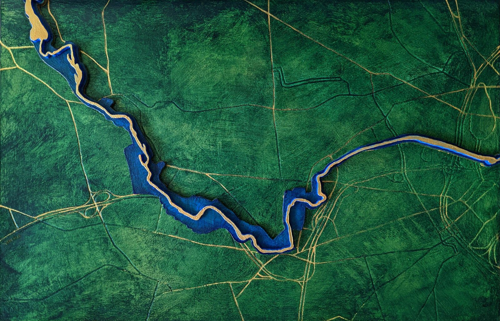 dimensional painting of aerial view of river on a map