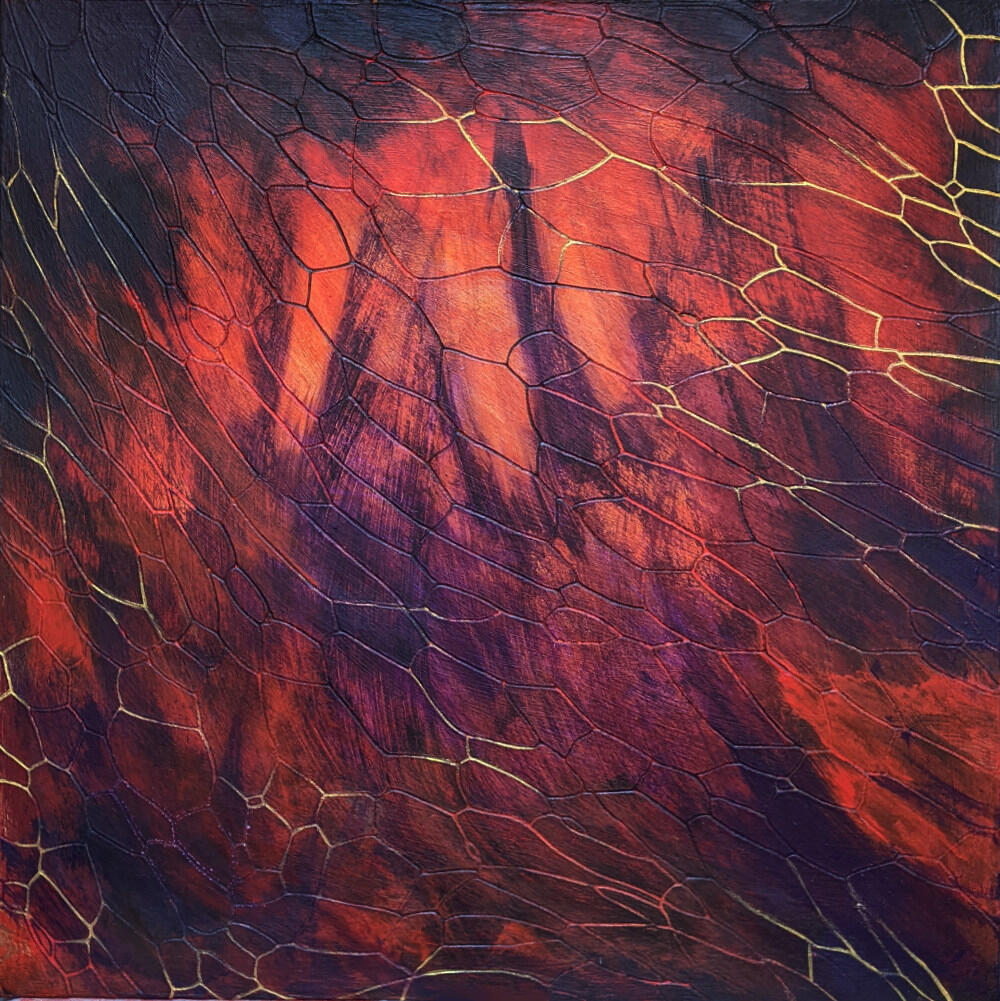 emotional abstract painting with red, gold, and purple