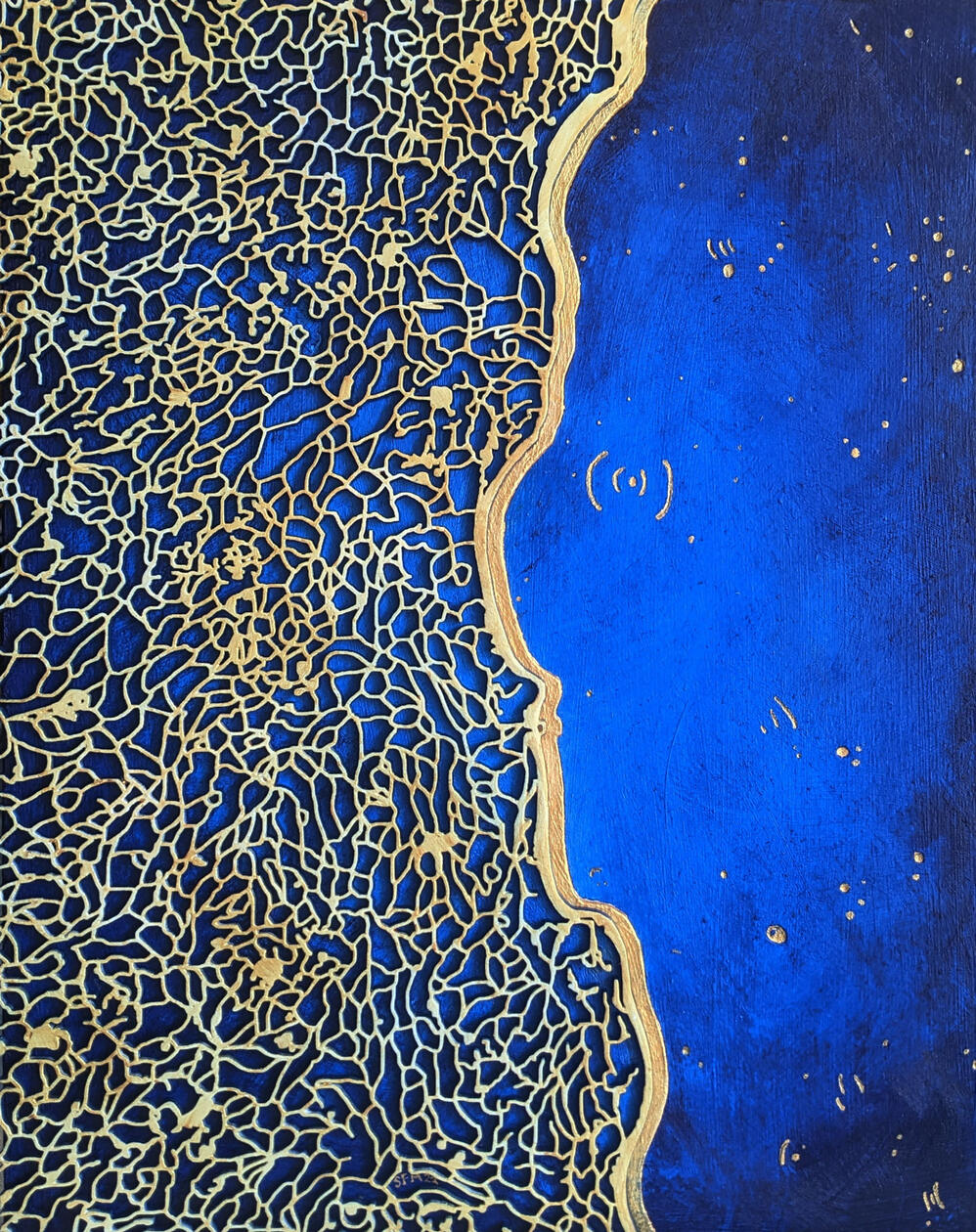 "Shimmering Shoreline" - 11" x 14" - Acrylic paint, Spray paint, Laser-etched masonite - commissioned for the Notbohm Research Group at University of Wisconsin, Madison